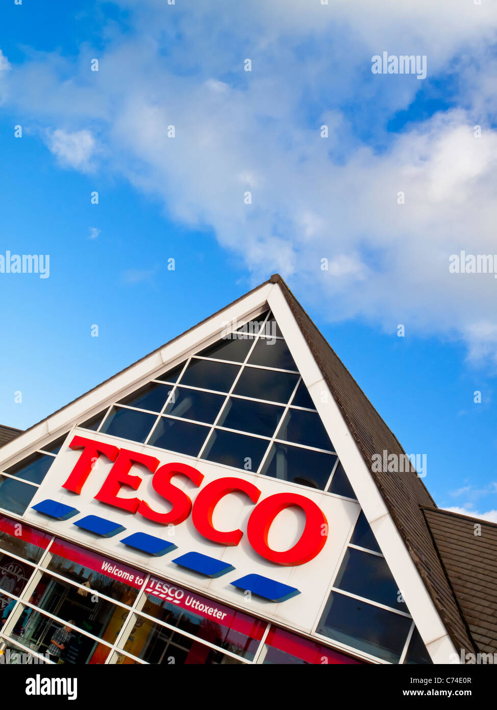 Sign outside Tesco supermarket in Uttoxeter Staffordshire UK Stock