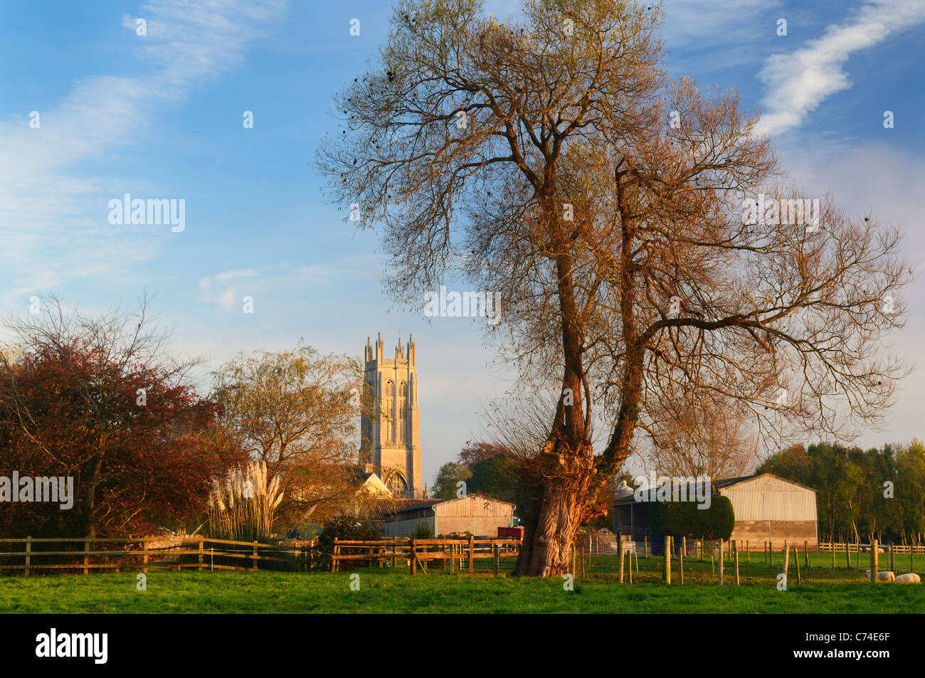 Village of Wrington viewed from farmland in North Somerset, England