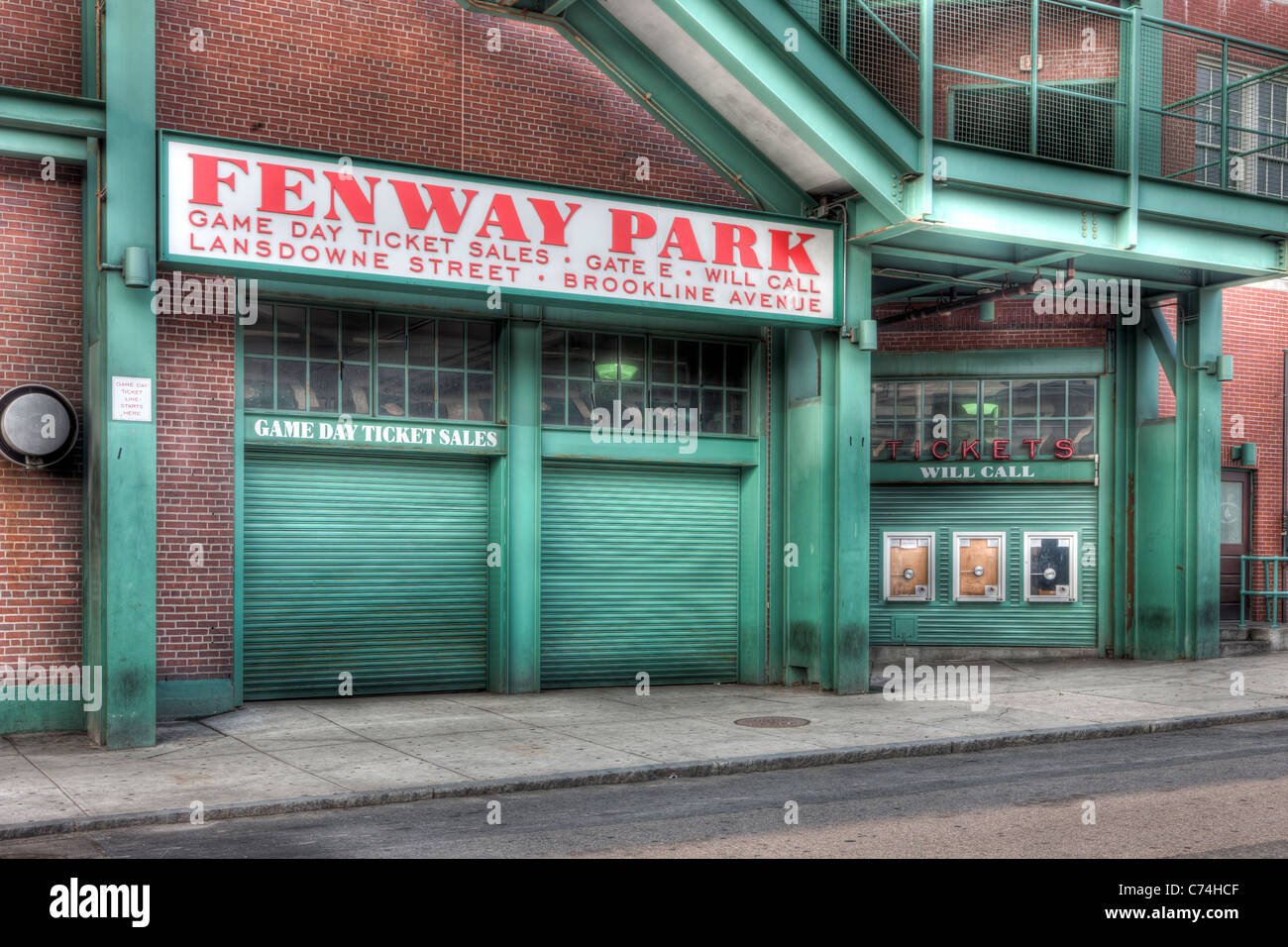 A view of historic Fenway Park in Boston, Massachusetts from just outside Gate E on Lansdowne street. Stock Photo