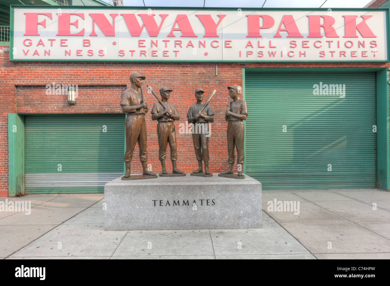 'Teammates' statue outside Gate B at Fenway Park on Van Ness Street in Boston, Massachusetts. Stock Photo