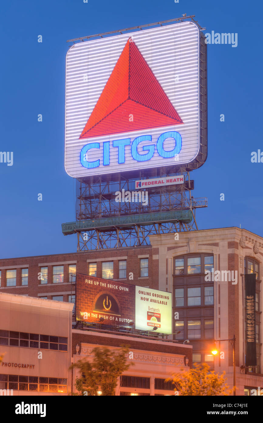 The famous CITGO sign in Kenmore Square during evening twilight in Boston, Massachusetts. Stock Photo