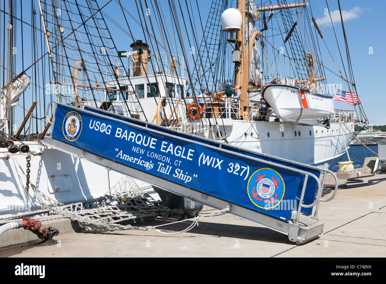 The USCGC 'Eagle', a barque used for training, docked at its homeport at the Coast Guard Academy in New London, Connecticut. Stock Photo