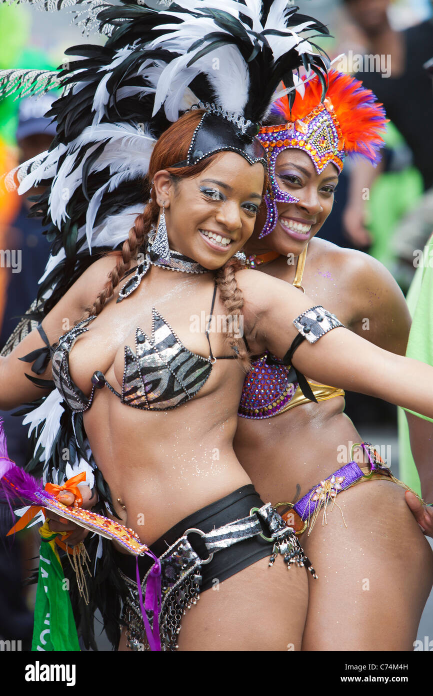 Parade participants in festive attire at the West Indian-American Day Parade in New York City. Stock Photo