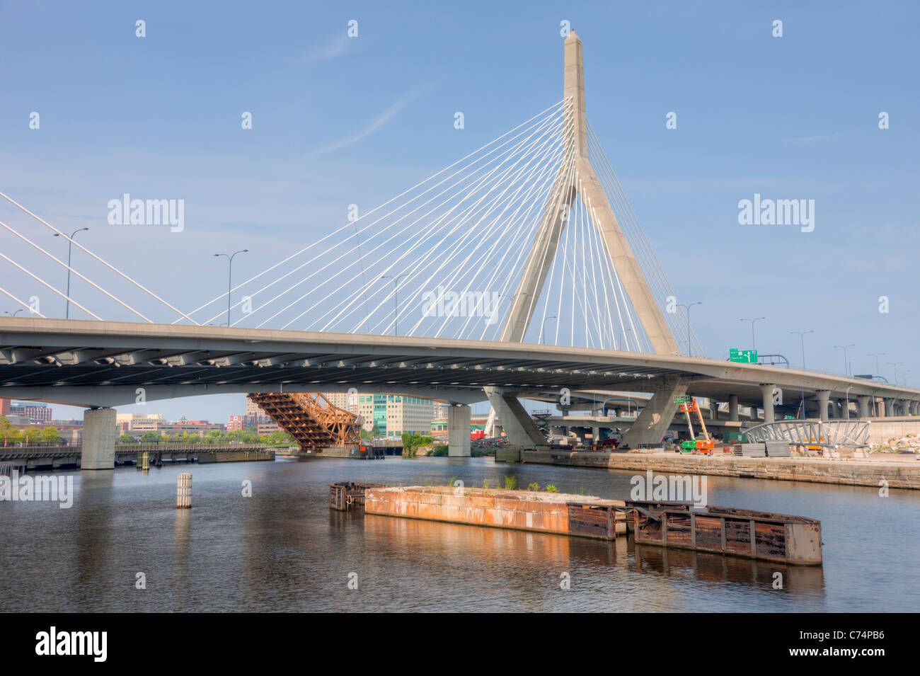 The Leonard P. Zakim Bunker Hill Memorial Bridge carries I-93 and US Route 1 over the Charles River in Boston, MA. Stock Photo