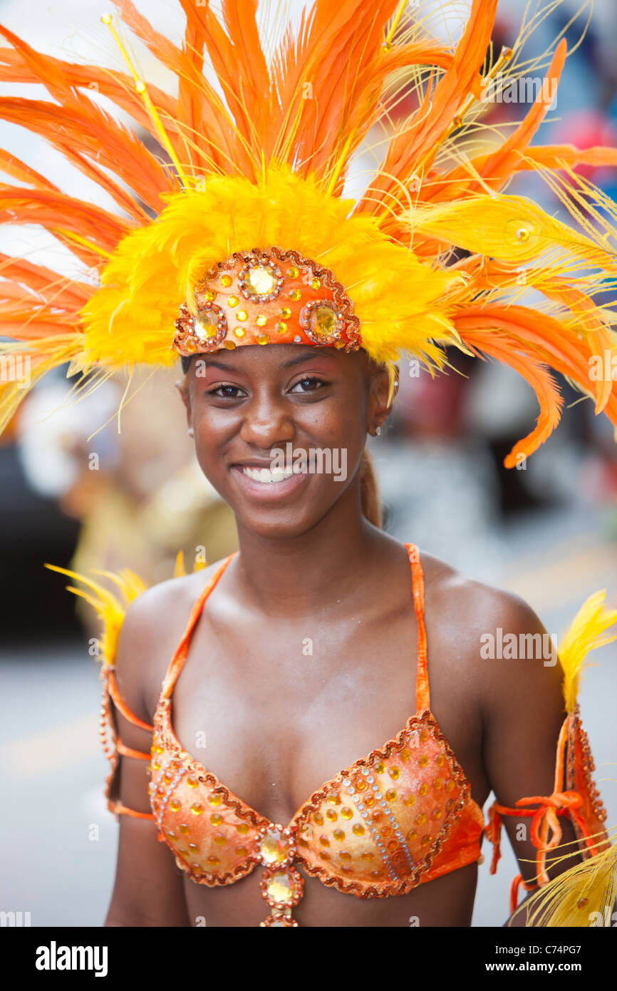 A parade participant in festive attire at the West Indian-American Day Parade in New York City. Stock Photo