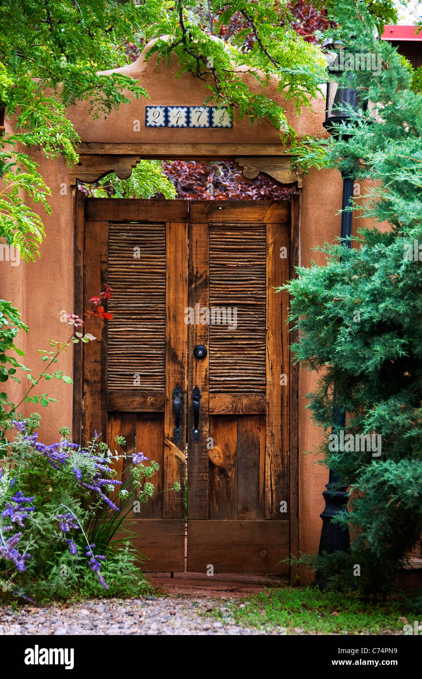 Santa Fe style wooden doors entrance Stock Photo