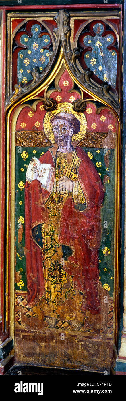 Cawston, Norfolk, rood screen. St. Peter with keys to gates of Heaven, English medieval screens painting paintings painted panel Stock Photo