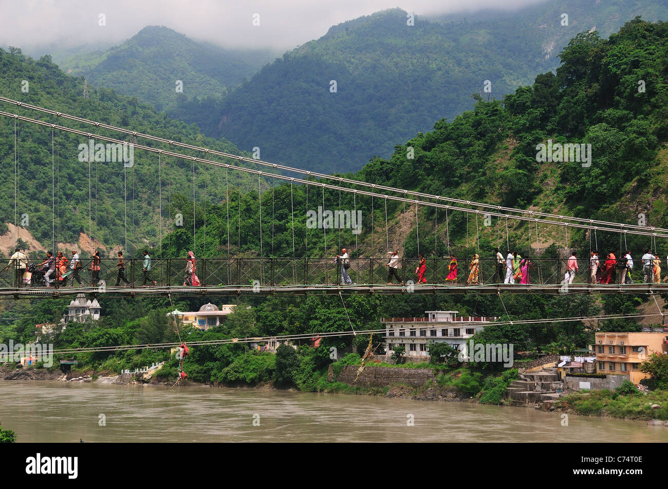 Hanging bridge at Lakshman Jhula in Rishikesh. Stock Photo