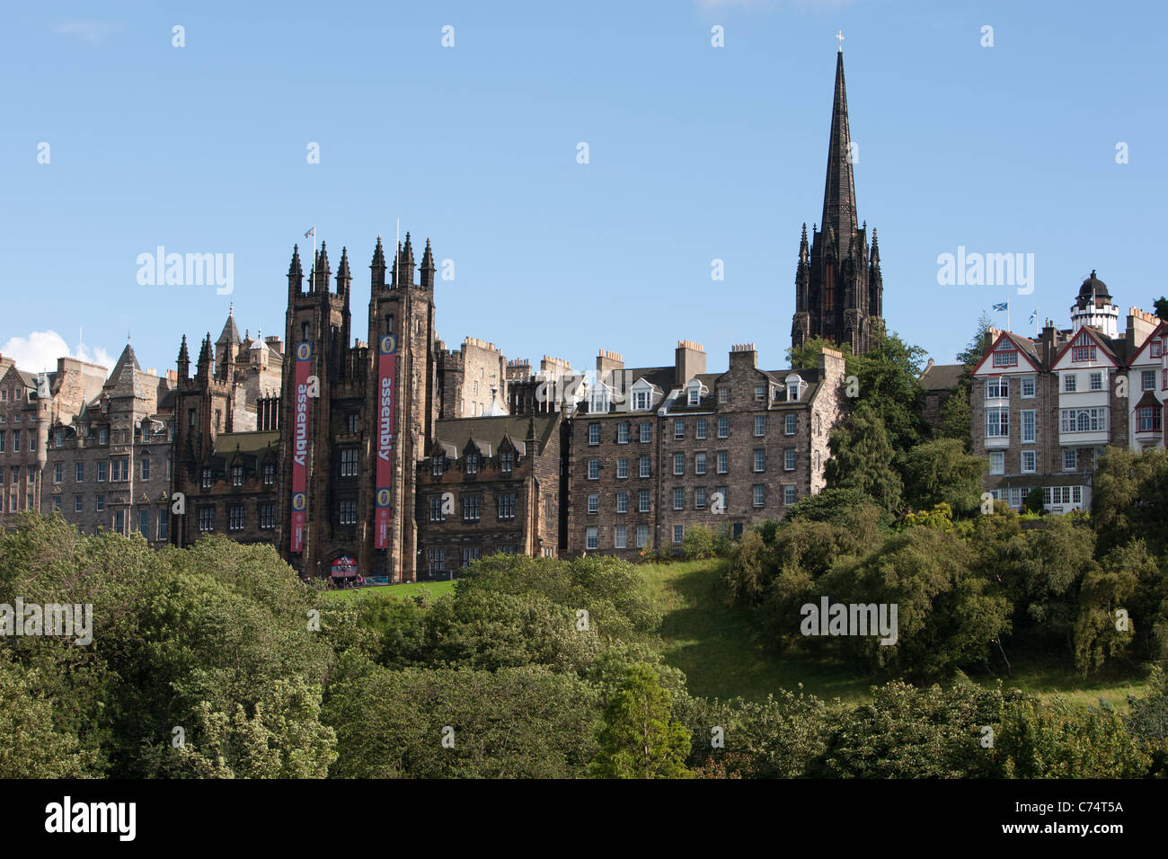 Looking across Princess Street Gardens towards the Royal Mile ( High Street), in Edinburgh, Scotland. Stock Photo