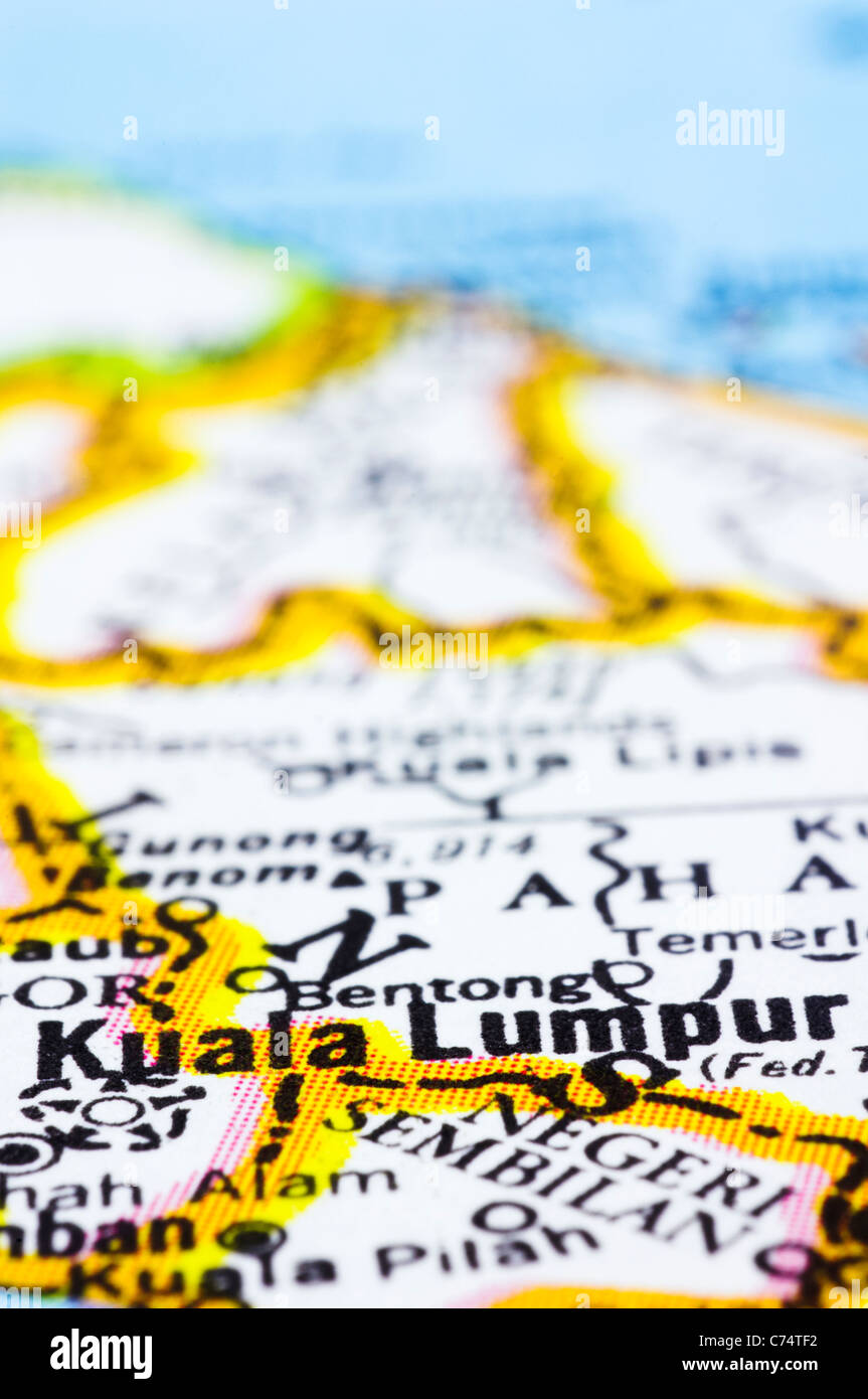 a close up shot of kuala lumpur on map, capital city of Malaysia Stock Photo