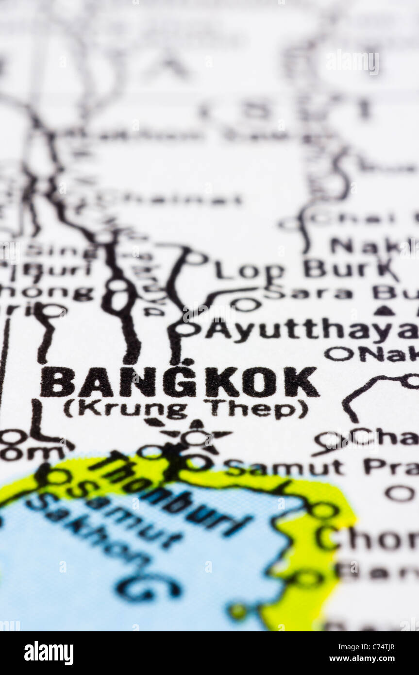 a close up shot of bangkok on map, capital of Thailand. Stock Photo
