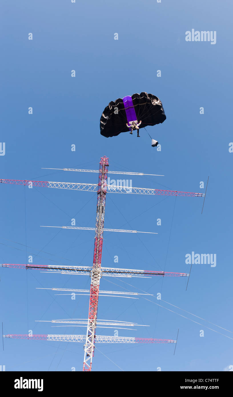 Base jumper taking off from a radio amateur antenna in Oulu, FInland