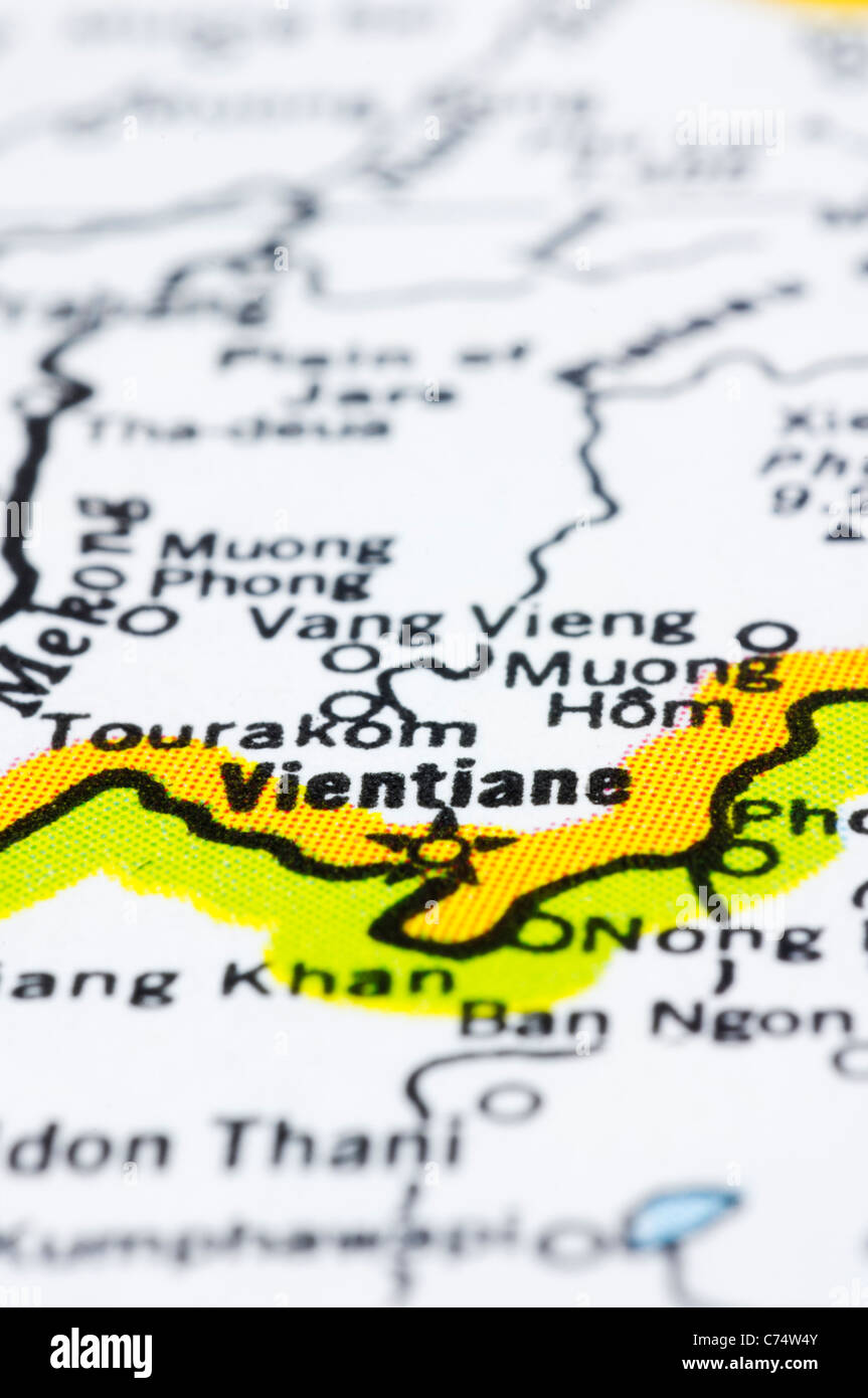 a close up of Vientiane on map, capital of Laos. Stock Photo