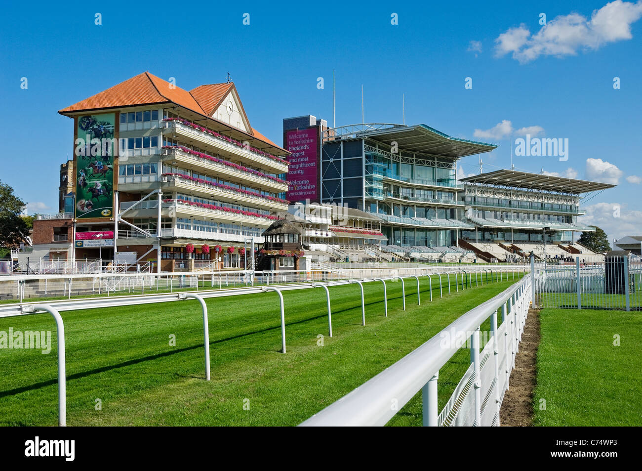 York Racecourse and grandstand stands stand and horse racing race track course in summer Knavesmire York North Yorkshire England UK Britain Stock Photo
