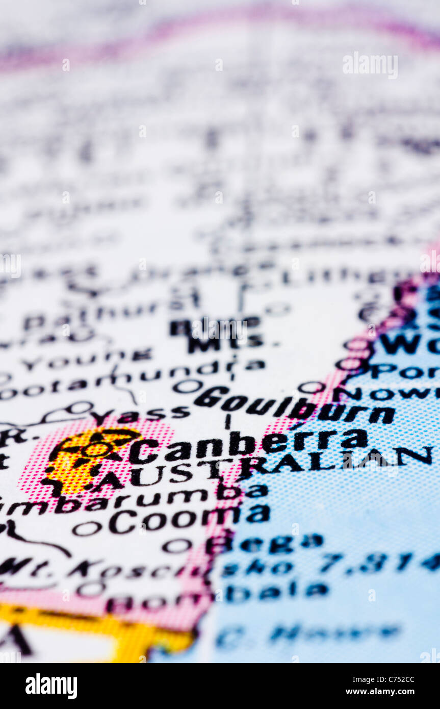 a close up shot of Canberra on map, capital city of Australia. Stock Photo