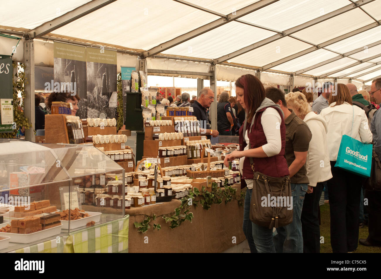 Customers shopping in the main marquee at Ludlow Food Festival September 11, 2011 Stock Photo