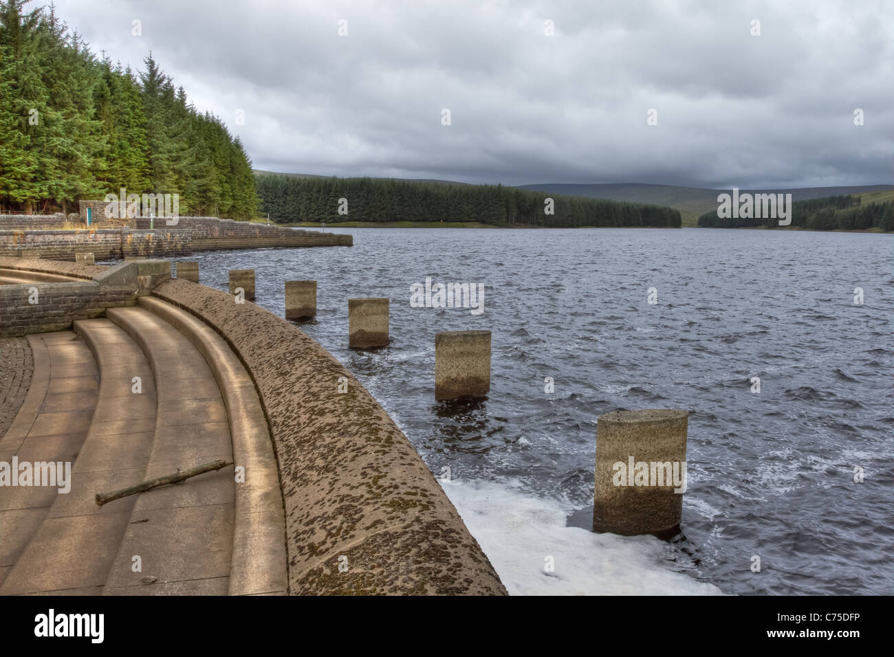 The entrance to the spillaway at Burnhope Reservoir. Stock Photo