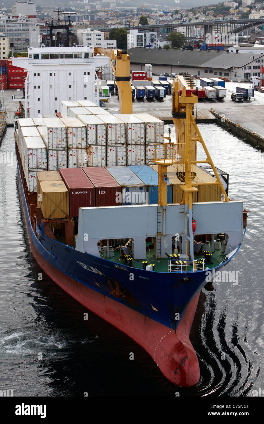 A cargo container ship, MV Celina, in the port of Bergen, Norway. Stock Photo