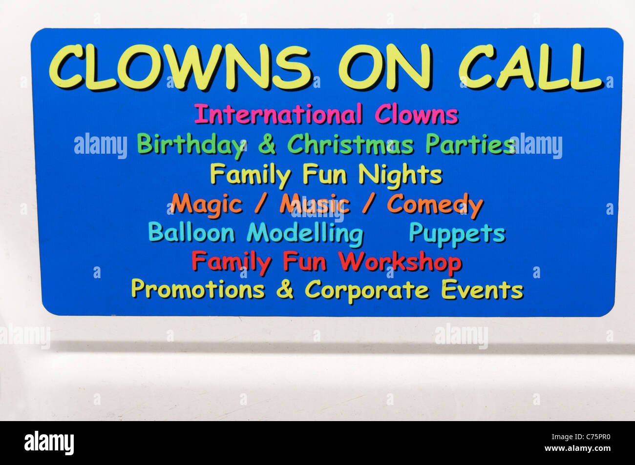 Clowns On Call sign on the side of a van. Stock Photo