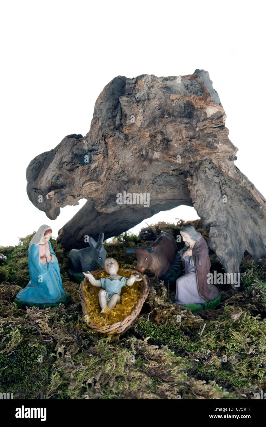 nativity scene with vintage handmade figures Stock Photo - Alamy