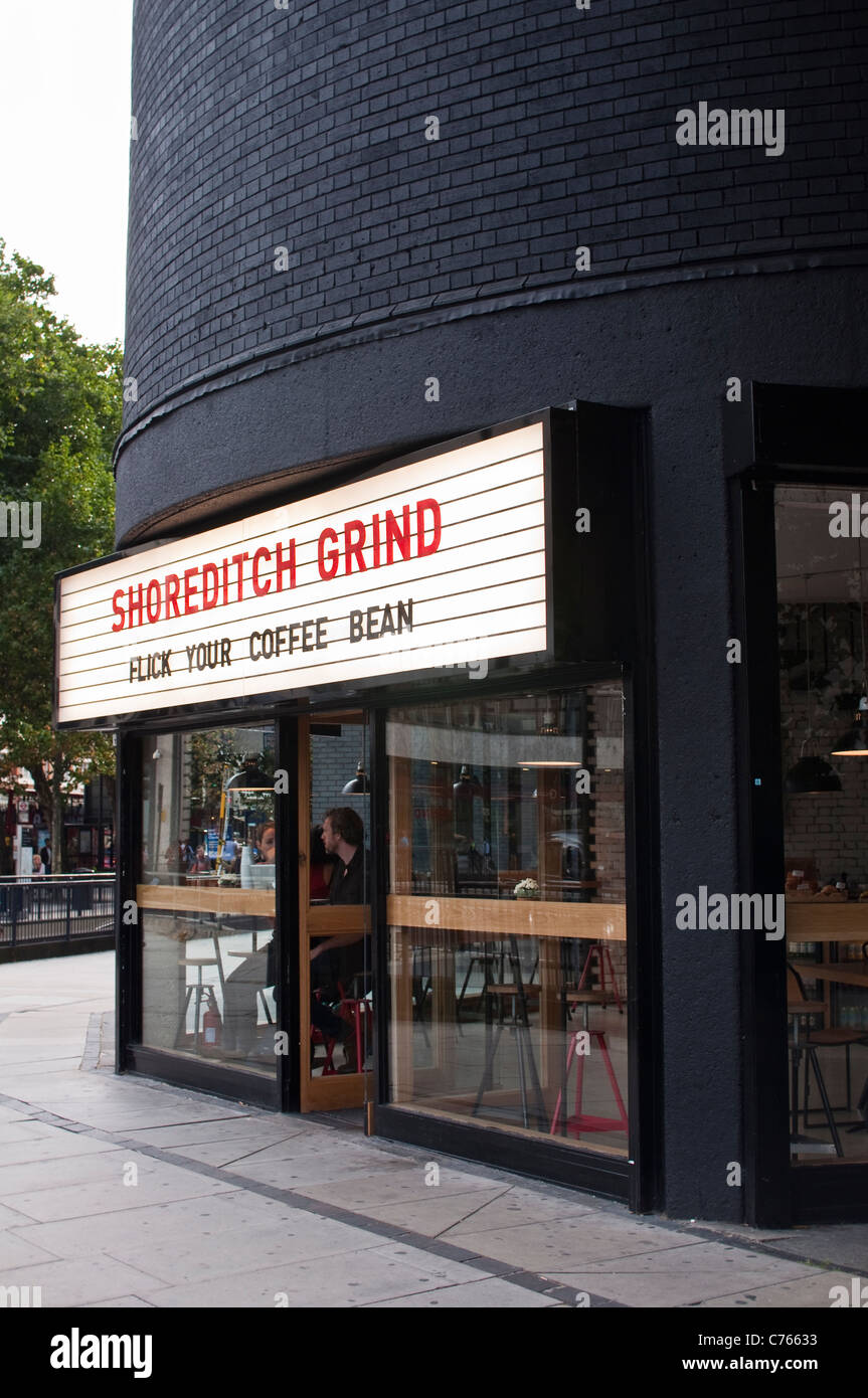 The exterior of the Shoreditch Grind espresso bar, a new cafe in East London on Old Street roundabout, London. Stock Photo