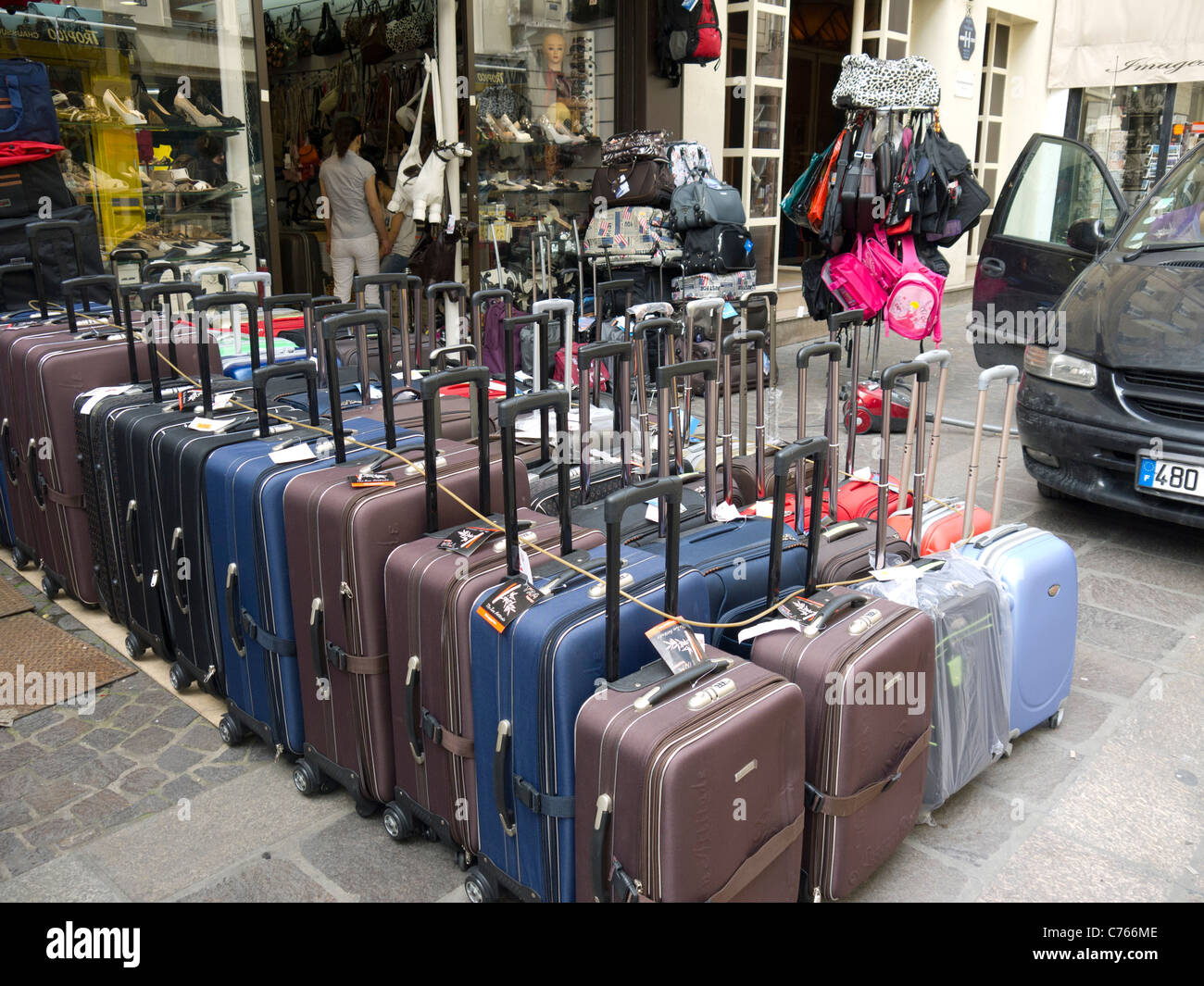 Rows of suitcases for sale in Paris, France Stock Photo