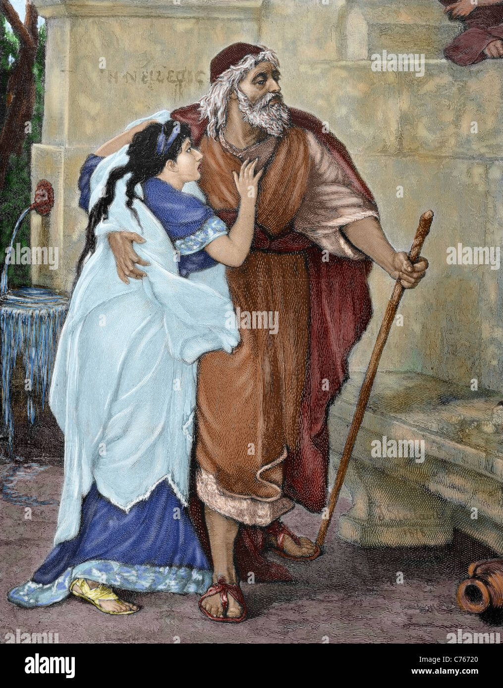 Oedipus. Hero of Greek mythology.  Oedipus and Antigone. Engraving by M. Weber. Colored. Stock Photo