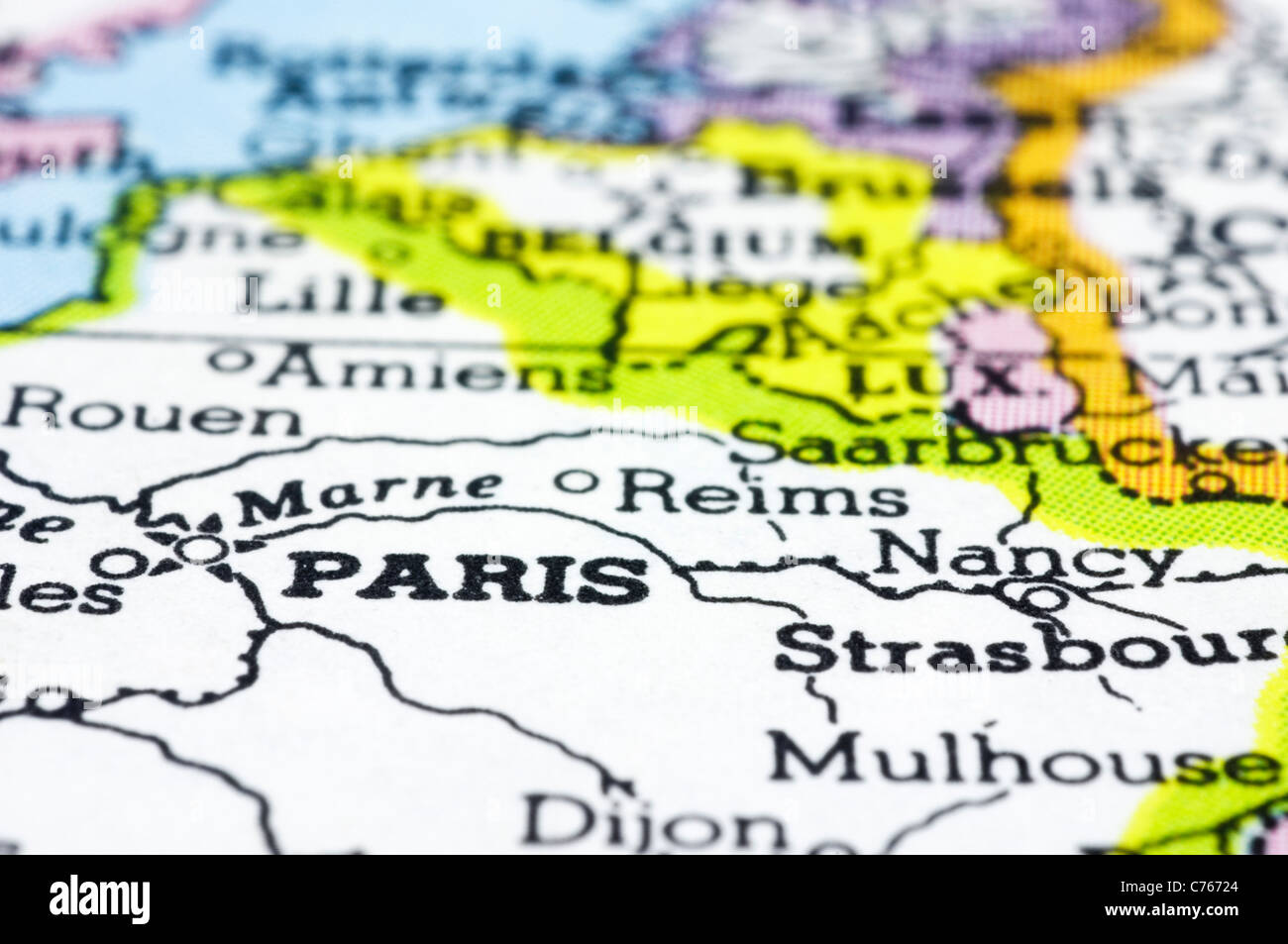 A close up of Paris on map, a city of France. Stock Photo