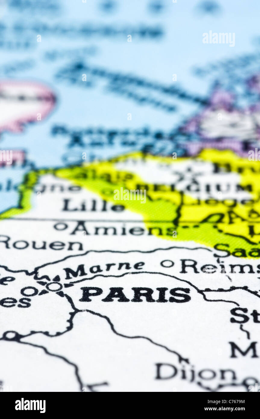 A close up of Paris on map, a city of France. Stock Photo