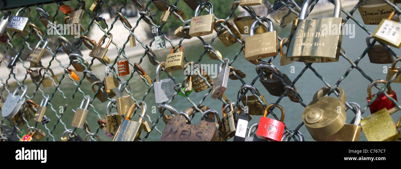 Love padlocks on the Pont Des Arts Bridge, Paris France Stock Photo