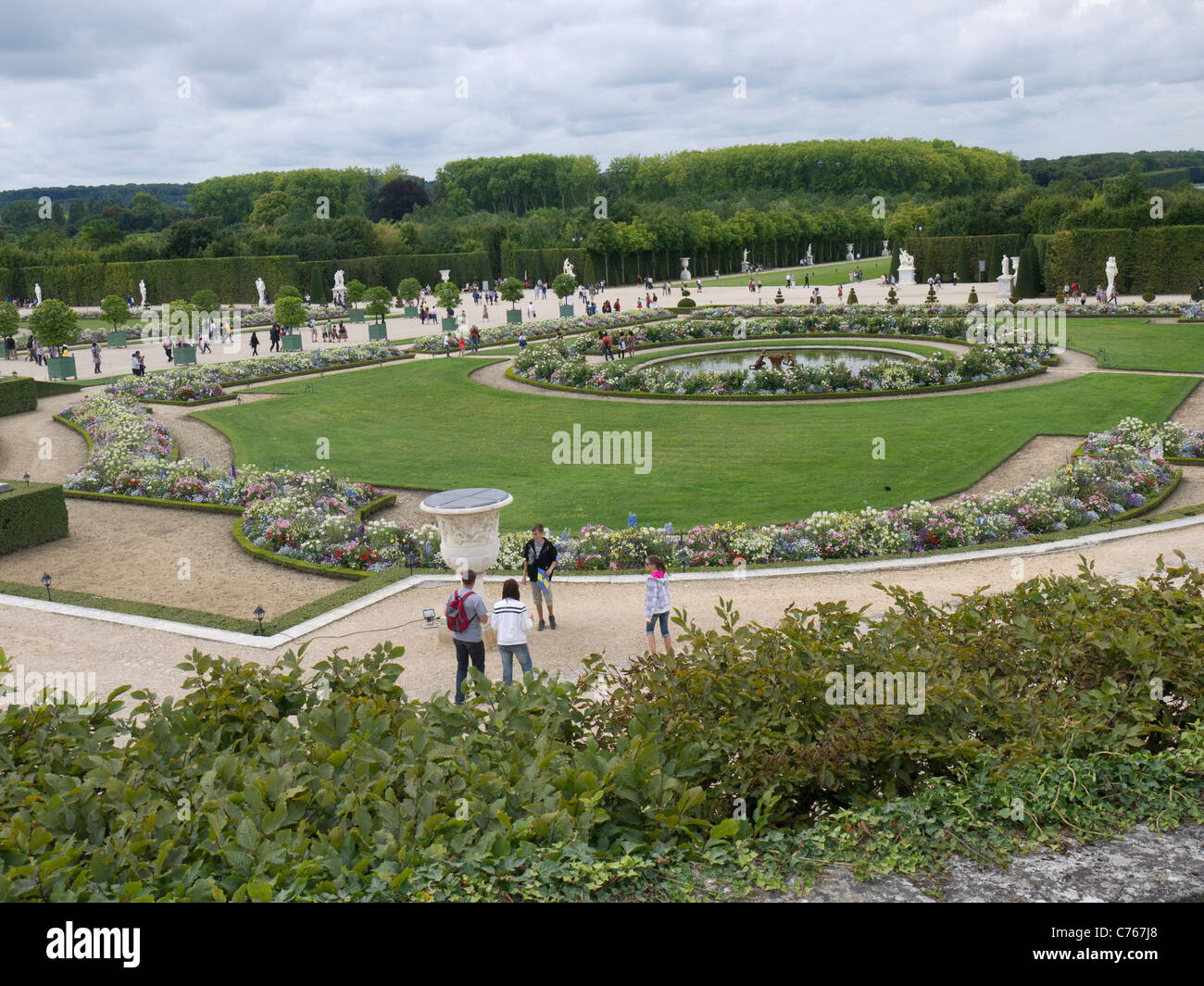 The Chateau of Versailles, Paris France. Flower beds, the Parterre, the fountains Stock Photo
