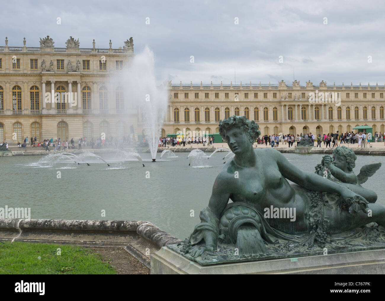 The Chateau of Versailles, Paris France. Flower beds, the Parterre, the fountains Stock Photo