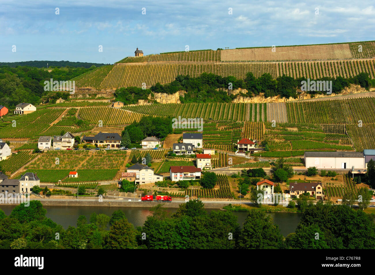 The wine-making municipality of Wormeldange with the Wormeldinger Koeppchen in the Moselle valley, Luxembourg Stock Photo