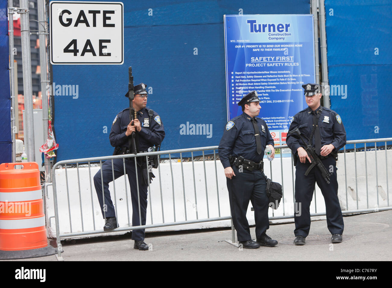 Port Authority Police armed with assault rifles at the World Trade Center PATH station. Stock Photo