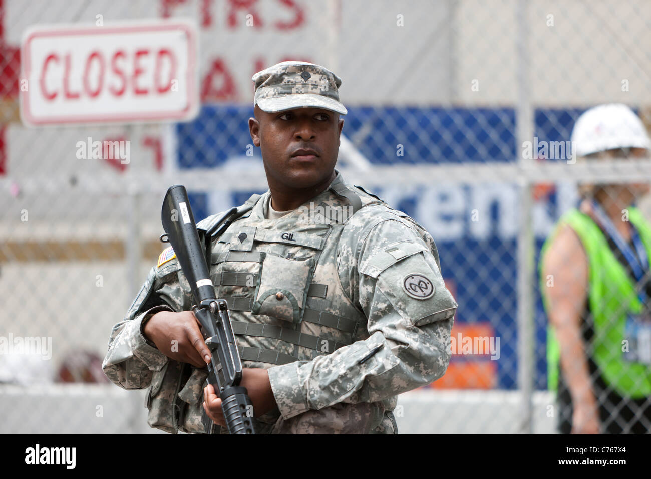 A marine armed with assault rifle at the World Trade Center PATH station. Stock Photo
