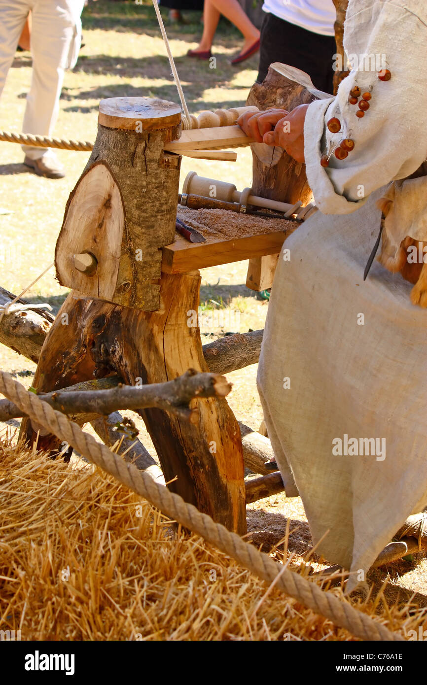 Renaissance Fair, Bjelovar, Croatia, crafts in the old way, carpentry, turning wood Stock Photo