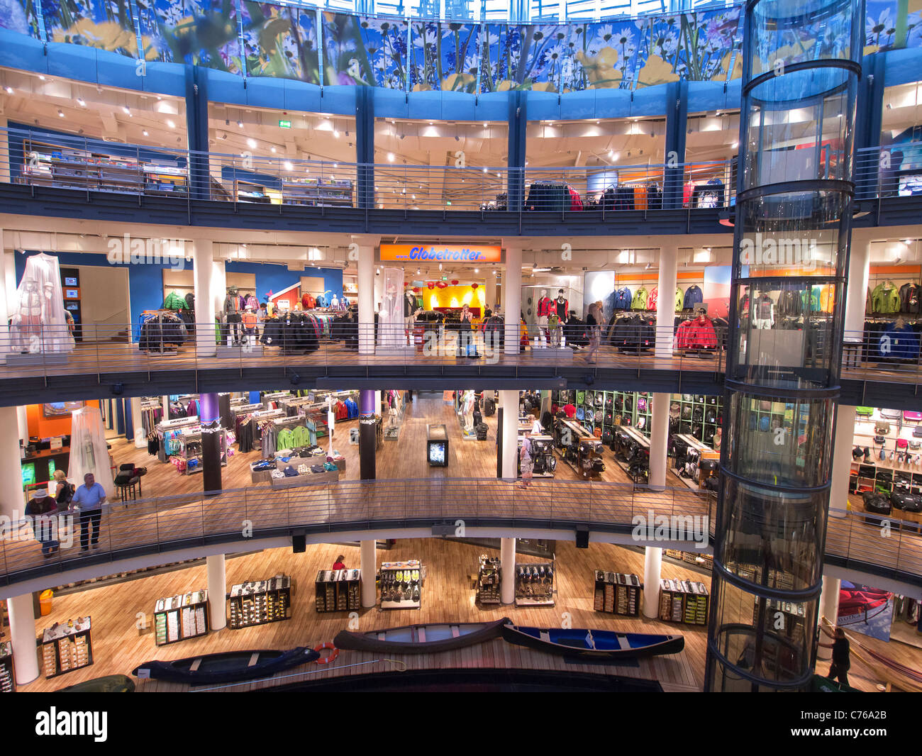 Large atrium with pool for testing canoes and kayaks in Globetrotter sports shop in Cologne Germany Stock Photo
