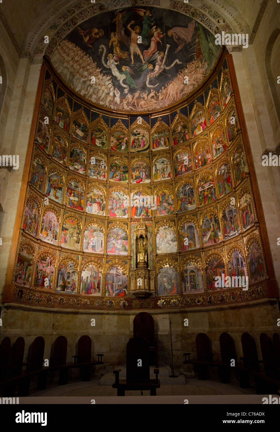 Altarpiece and Final Judgment scene above it in Old Cathedral of Salamanca. Spain. Stock Photo