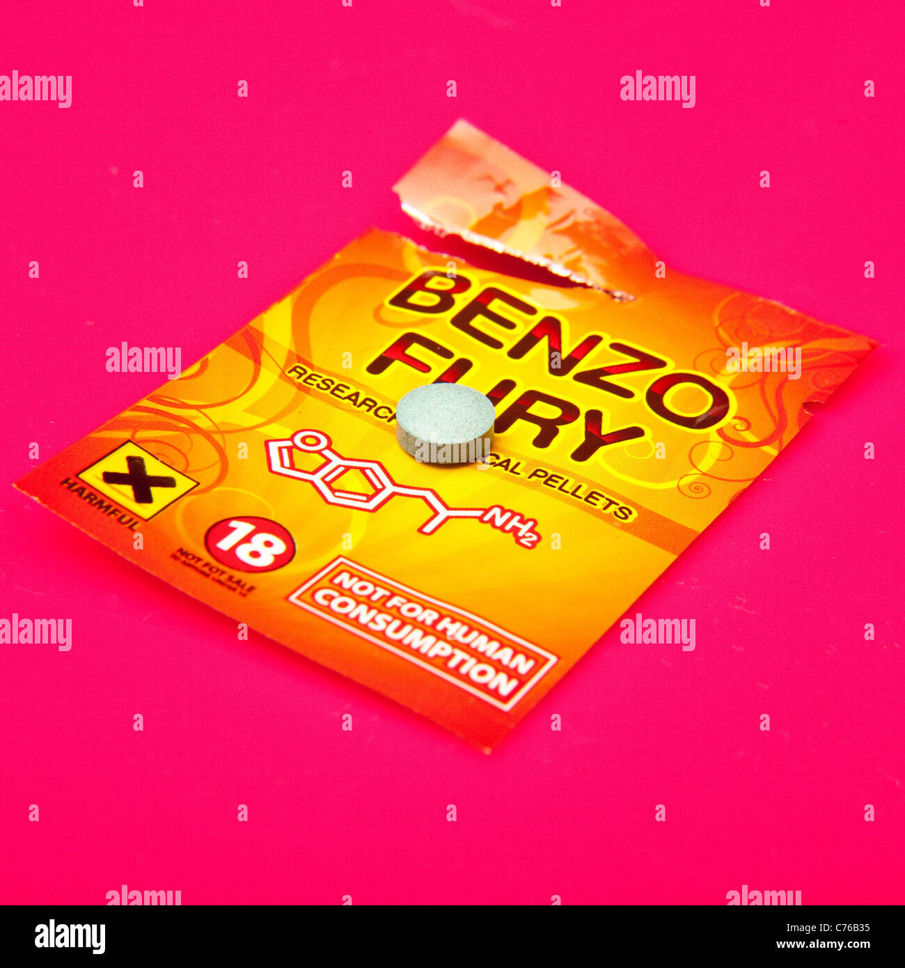 Packet of Benzo Fury,  6-APDB is a legal high or 'research chemical' with similar effects to the illegal drug MDMA and ecstasy. Stock Photo