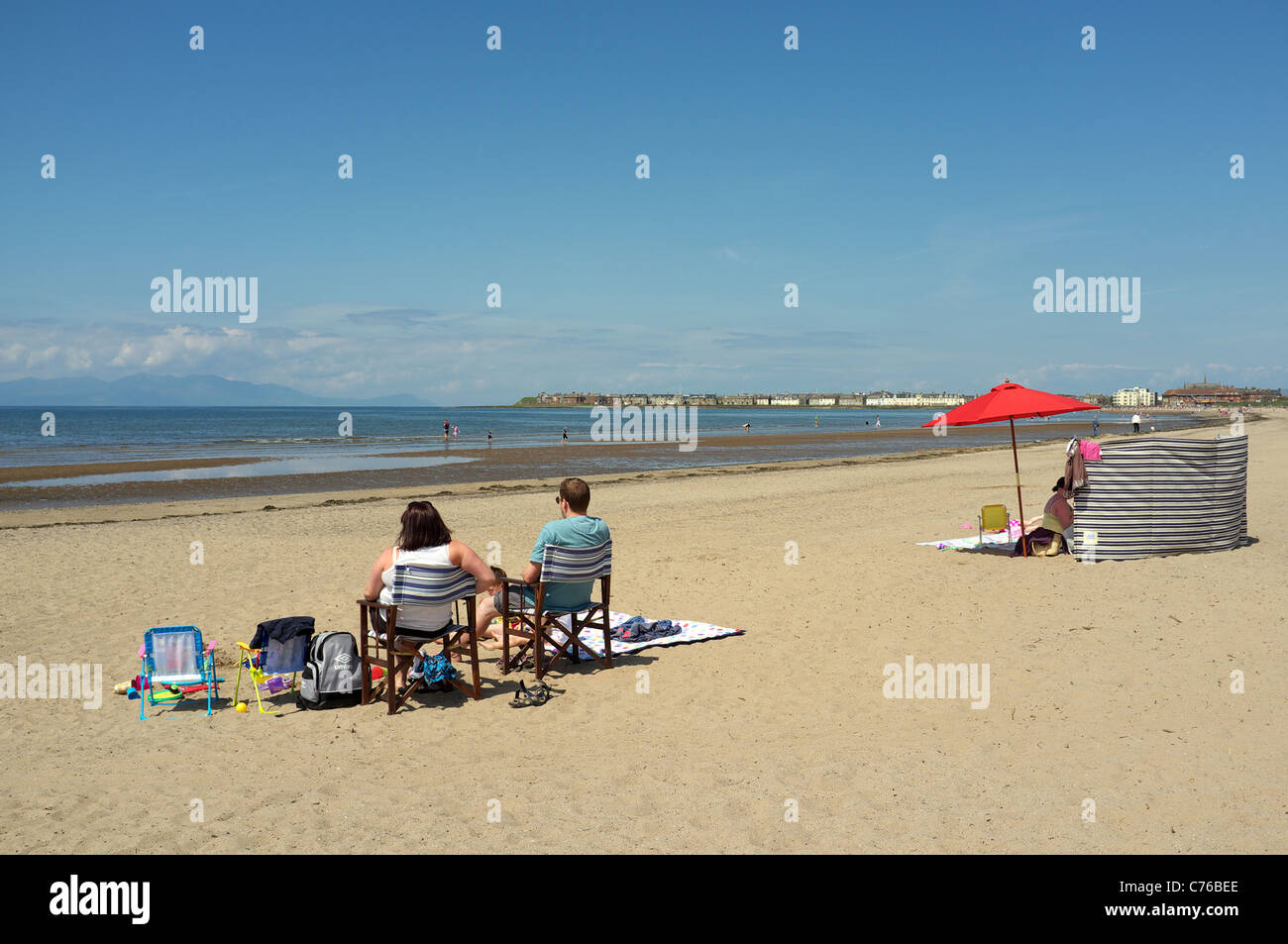 Families on the beach at Troon, Ayrshire, Scotland, UK, Great Britain Stock Photo