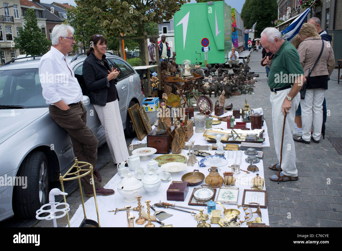 Sunday antiques market on street in Tongeren in Belgium Stock Photo