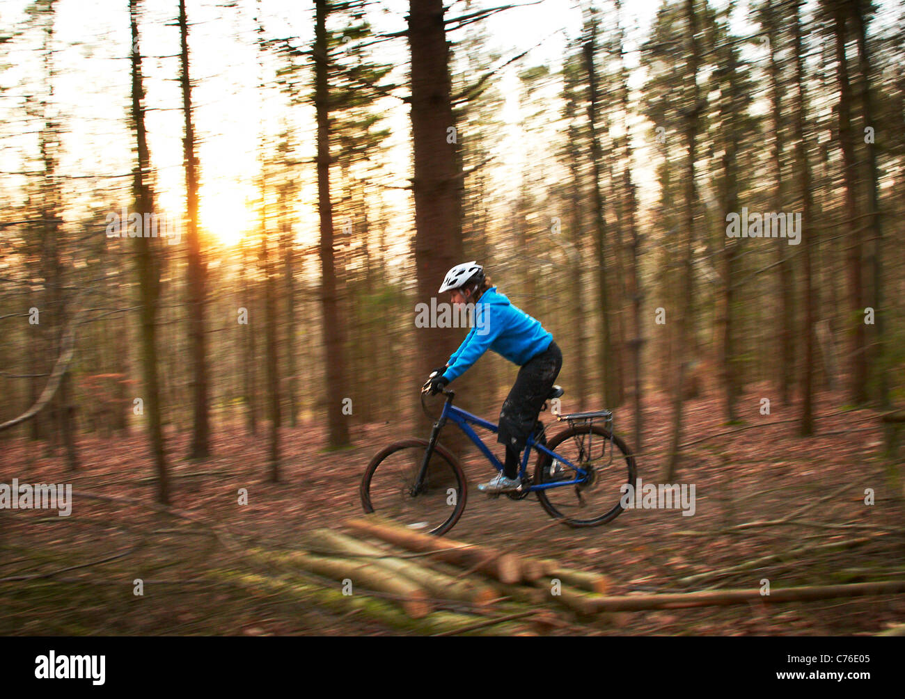 Female mountain biker in blue top in the woods Stock Photo