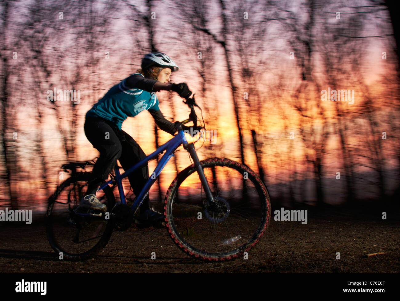 Female / Girl Mountain Biker in trees at sunset Stock Photo