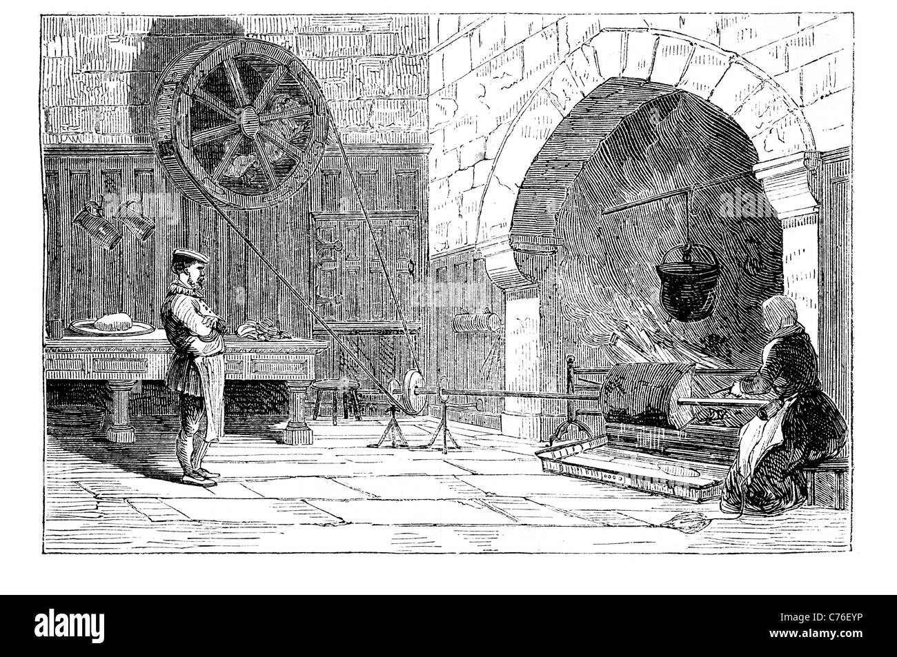ancient kitchen with dog wheel Tudor Elizabethan invention animal cruelty novelty food cooking dishes dish pots pans pan pot Stock Photo