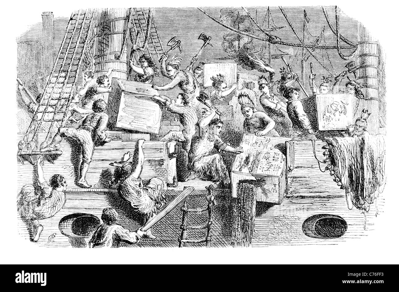 Boston Tea Party colonist colonists British colony Massachusetts government East India Company imported refused three shiploads Stock Photo