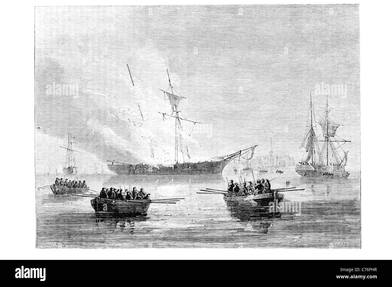 Burning HMS Gaspée Affair American Revolution British customs schooner enforcing trade regulations ran aground shallow water War Stock Photo