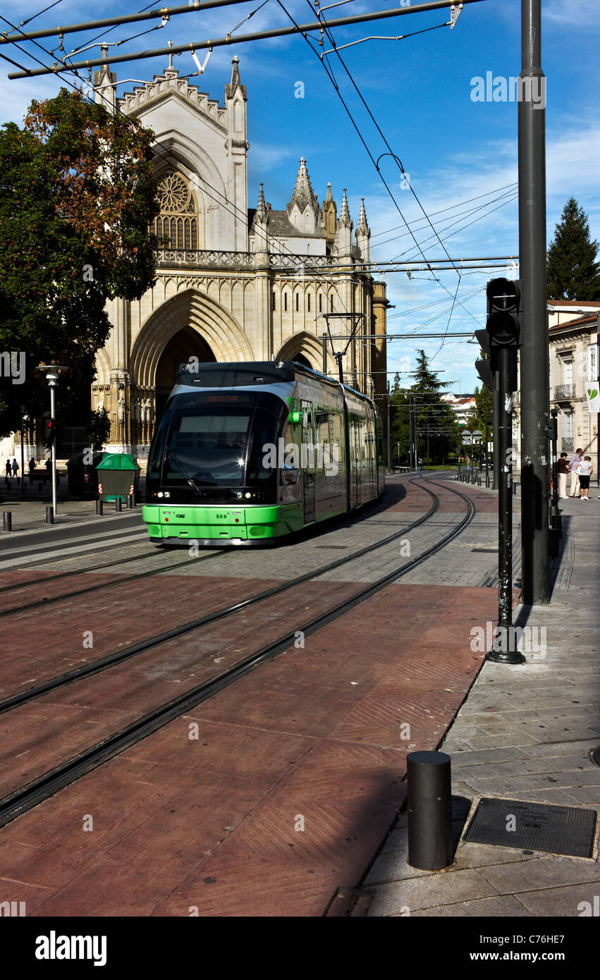 Tram goes past the Cathedral of Mary Immaculate in Vitoria-Gasteiz, the capital of the Basque country. Stock Photo