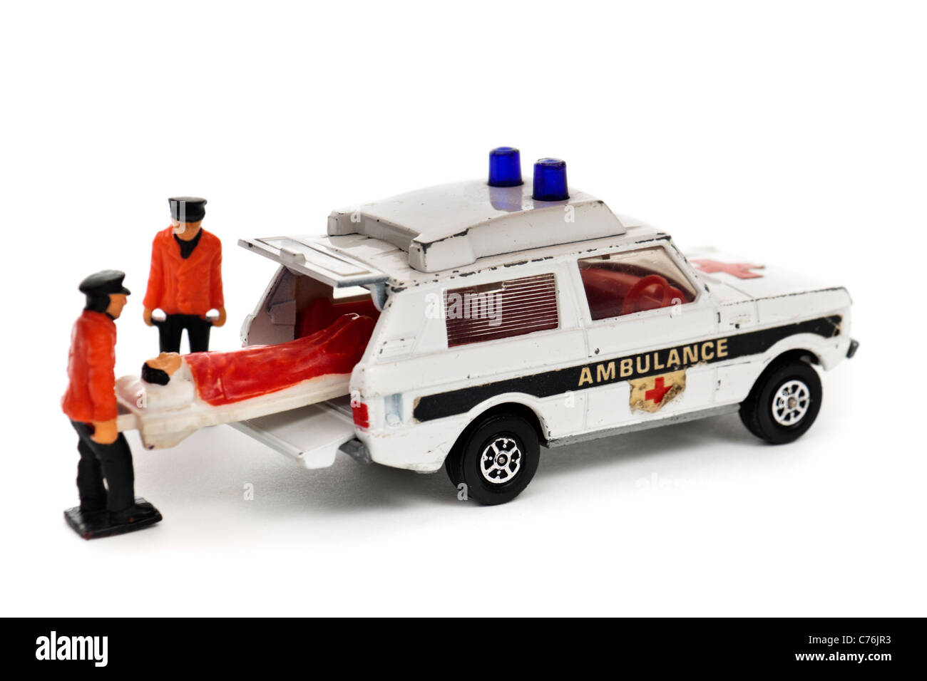 1970 Corgi 'Vigilant' Range Rover ambulance (482) with patient on stretcher being loaded Stock Photo