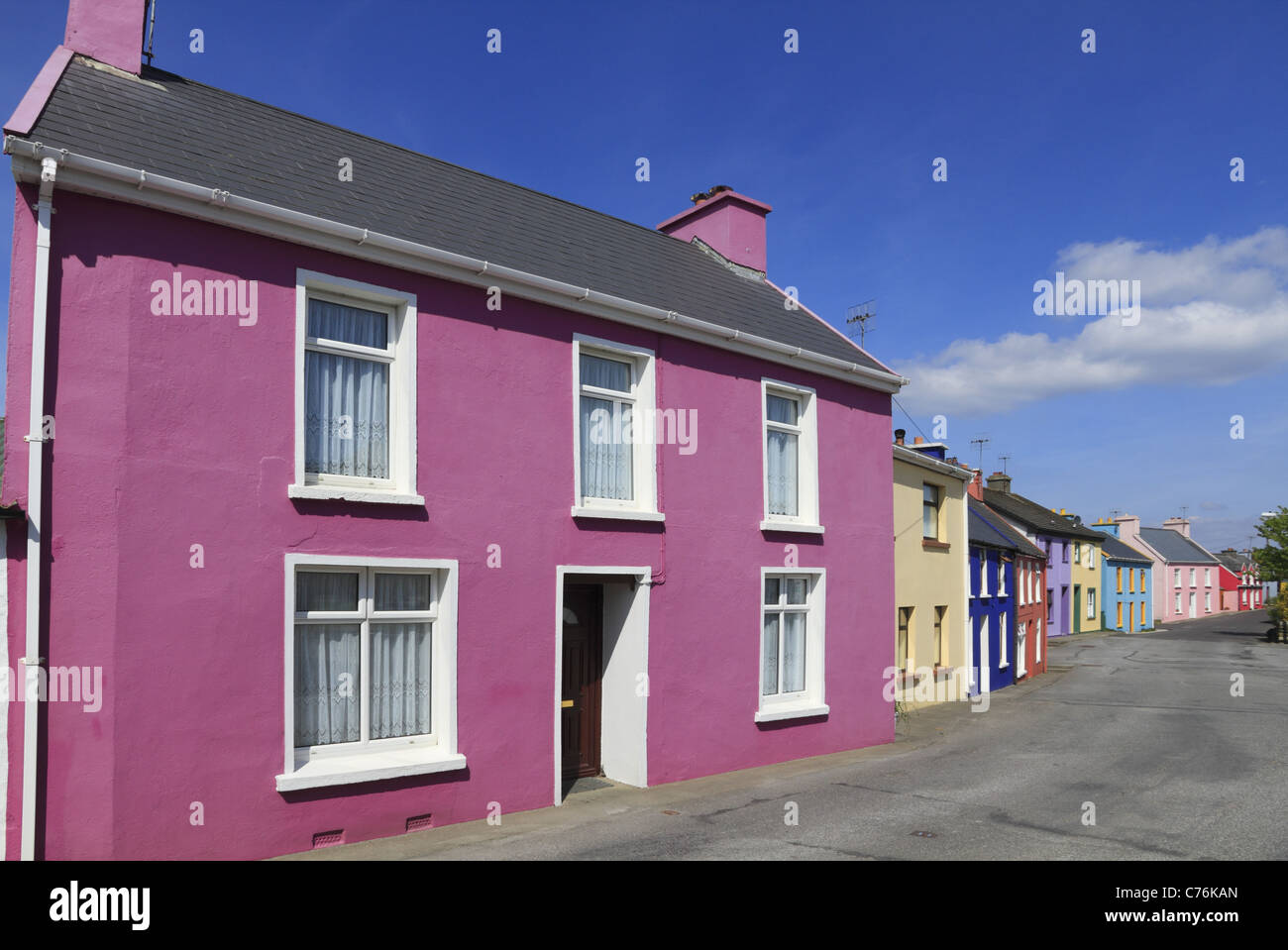 Brightly coloured houses in the village of Eyeries, West Cork, Rep of Ireland. Stock Photo