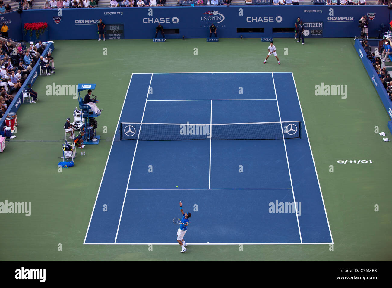 Novak Djokovic (SRB) winner of the Men's Final competing against Rafael Nadal (ESP) at the 2011 US Open Tennis Championships. Stock Photo